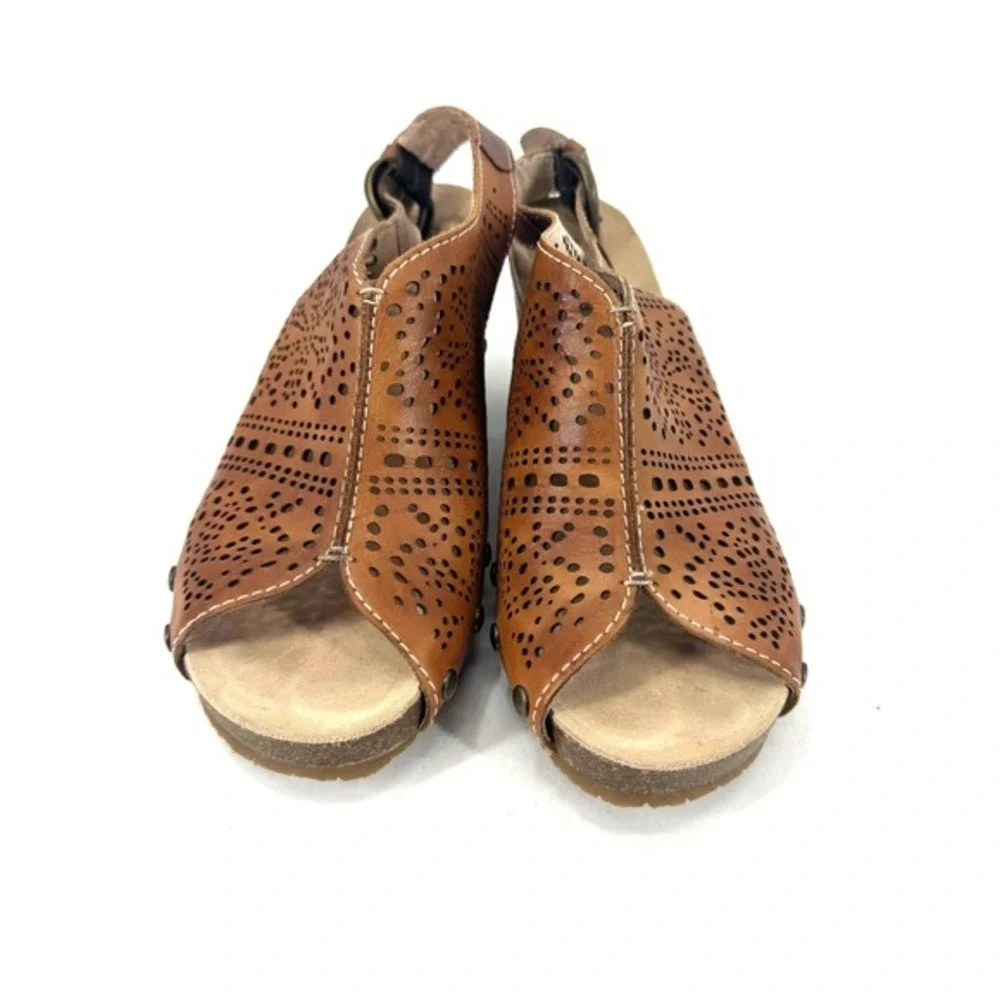 Pikolinos Women Brown Leather‎ Laser Cut Perforated Wedge Sandals Size 38 - Picture 3 of 6